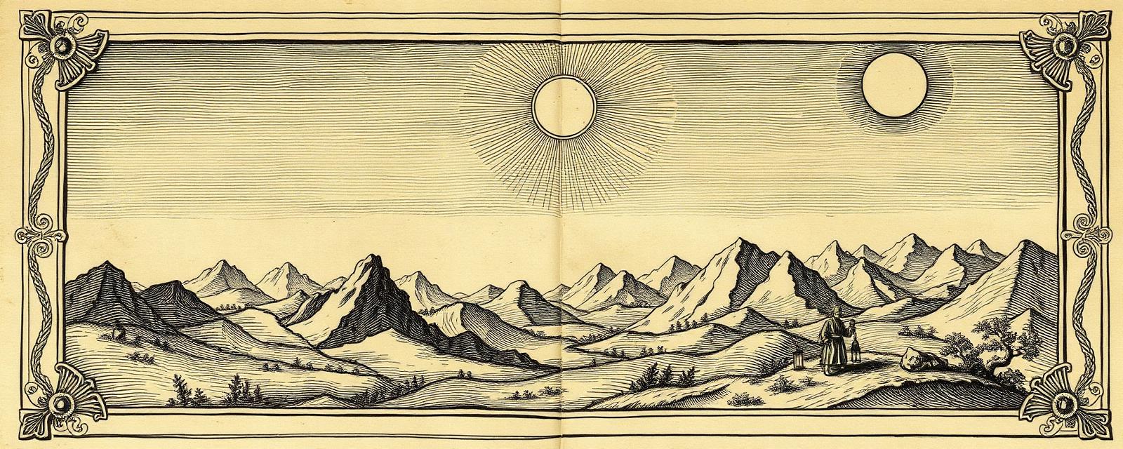 A 17th-century alchemical engraving of mountains beneath sun and moon